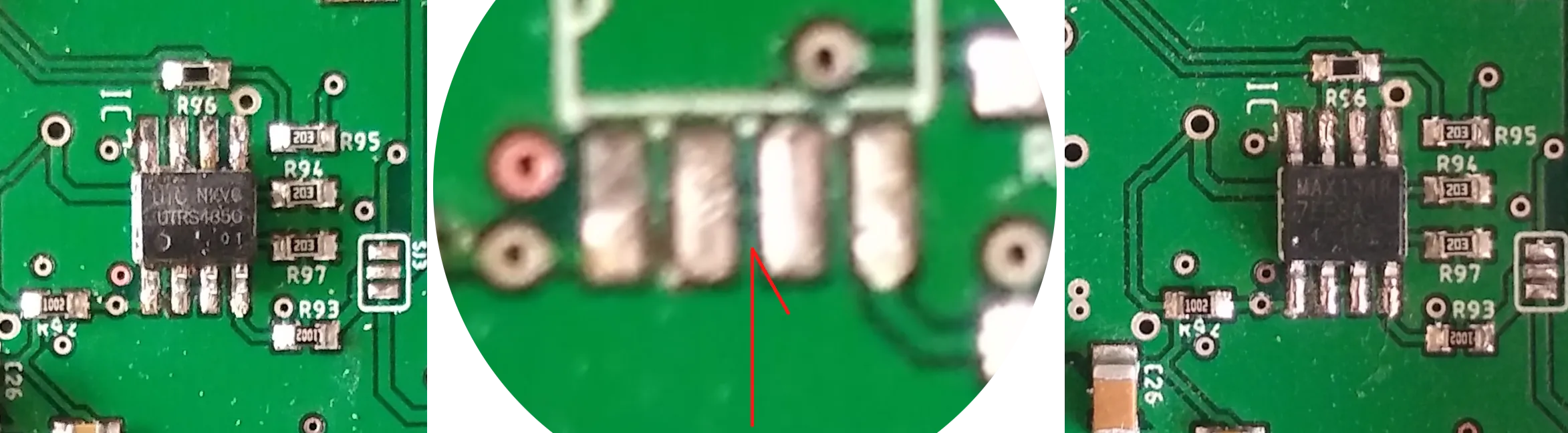 Séria obrázkov, zľava doprava: originálny čip UTRS485G, čip odstránený s detailom na piny 2 a 3 potvrdzujúcim ich prepojenie na DPS, nový čip MAX13487E zaspájkovaný na mieste