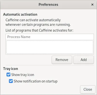 Dialóg Preferencií caffeine bez akýchkoľvek explicitných aplikácií