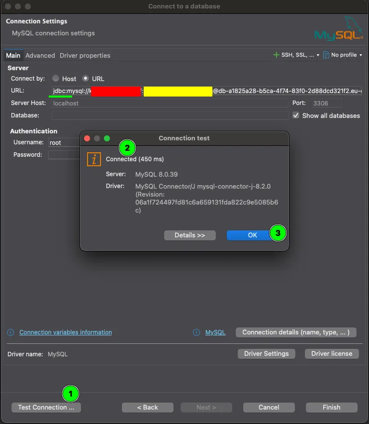 Úspešný test pripojenia DBeaver k databáze na Laravel Cloud