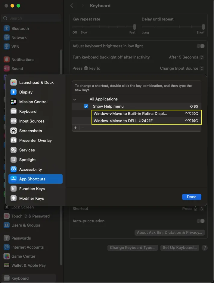 Nastavenia klávesnice Mac OS na presúvanie okna na monitor a späť jednou skratkou