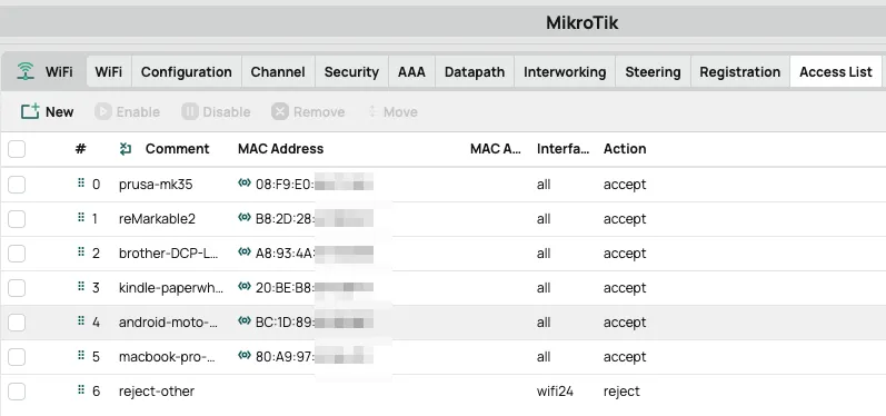 Mikrotik Wi-Fi Access List zobrazený vo WebFig s pravidlom reject na konci
